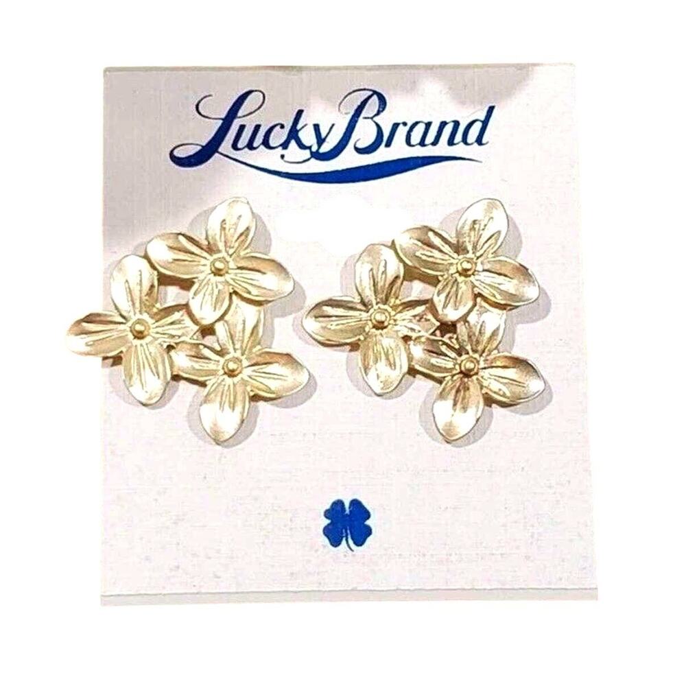 Lucky Brand Gold Tone Floral Cluster Stud Earrings Matte Flower Botanical Boho